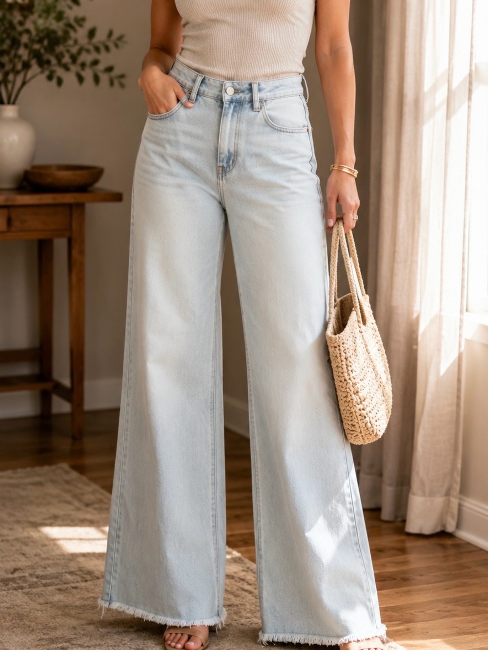 High-Rise Light Blue Wide-Leg Jeans with Frayed Hem